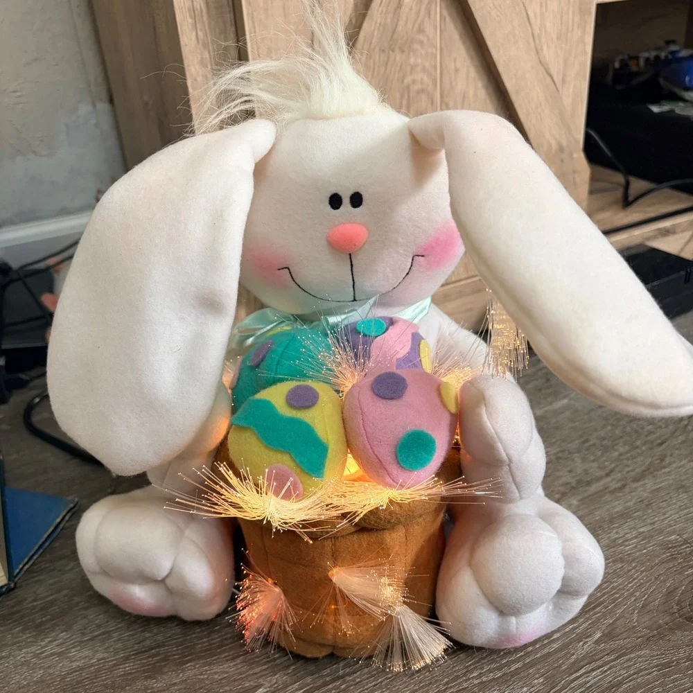 Vintage Fiber Optic Light Up Easter Bunny Plush Basket with Eggs Style Decor